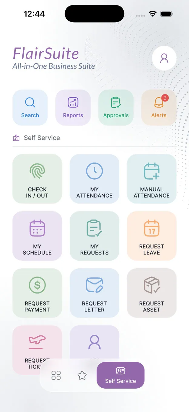 FlairSuite mobile app: employee self-service home screen